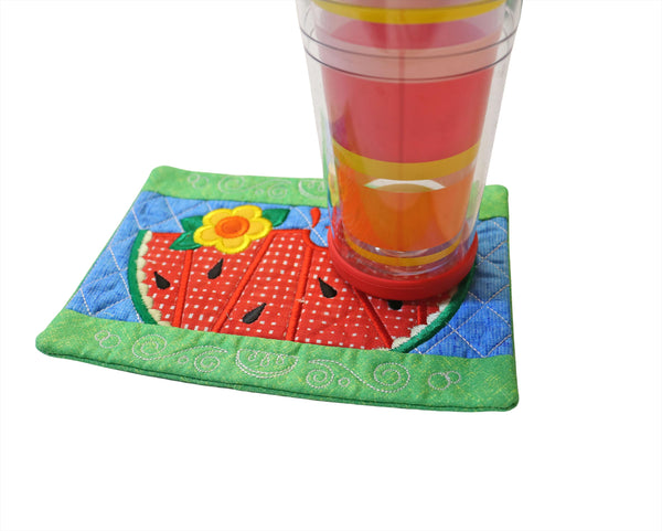 Embroidered Watermelon Mug Rug: Floral Summer Table Decor