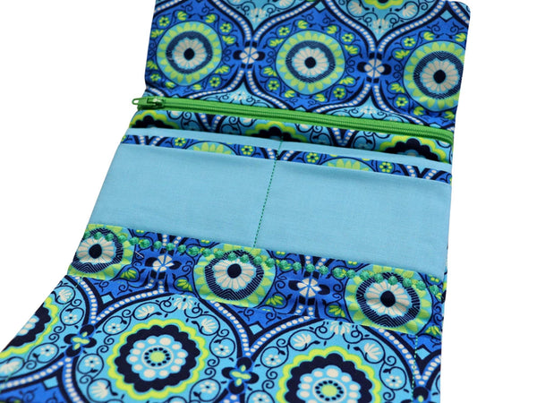 Cyan Blue and Green Quilted Fabric Wallet. Trifold Woman's Wallet with Zipper.