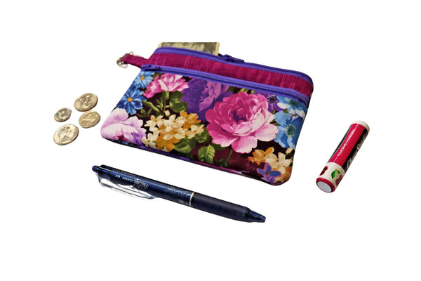 Purple Floral Double Zipper Pouch: Handmade Coin or Makeup Bag