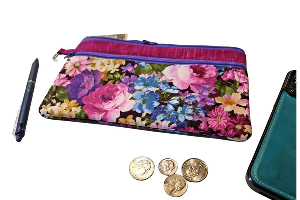 Purple Floral Double Zipper Pouch: Handmade Coin or Makeup Bag