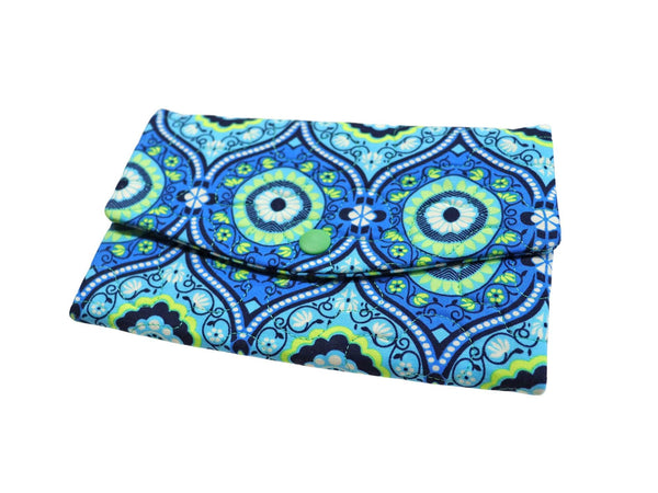 Cyan Blue and Green Quilted Fabric Wallet. Trifold Woman's Wallet with Zipper.