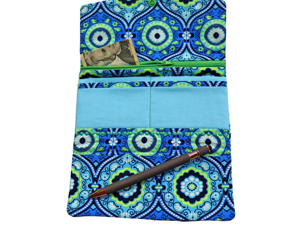 Cyan Blue and Green Quilted Fabric Wallet. Trifold Woman's Wallet with Zipper.