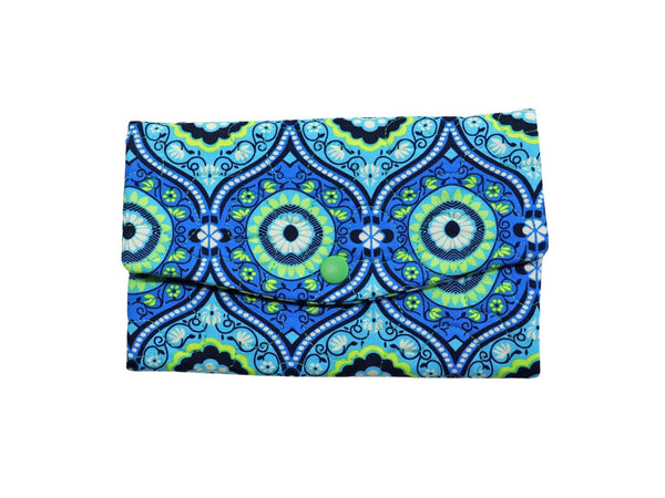 Cyan Blue and Green Quilted Fabric Wallet. Trifold Woman's Wallet with Zipper.