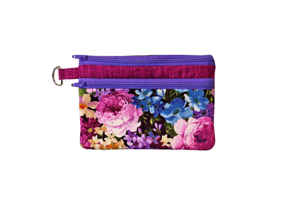 Purple Floral Double Zipper Pouch: Handmade Coin or Makeup Bag