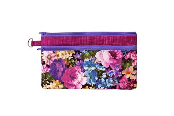 Purple Floral Double Zipper Pouch: Handmade Coin or Makeup Bag