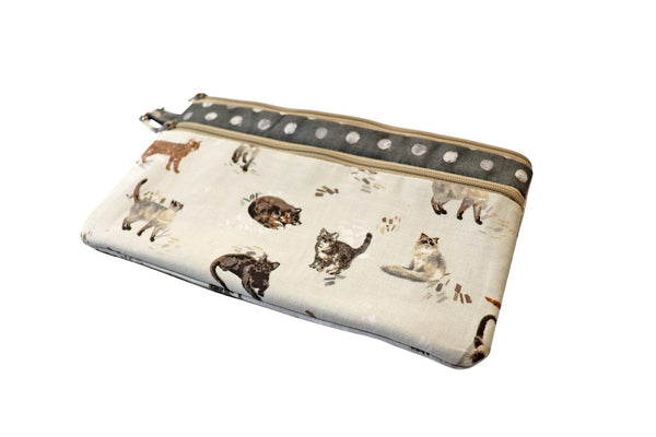 Cat Double Zipper Pouch: Small or Large Handmade Bag