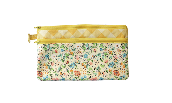 Yellow and Pink Floral Zipper Pouch: Small or Large Bag