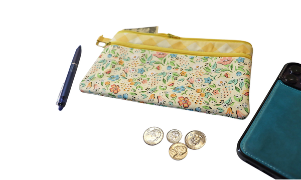 Yellow and Pink Floral Zipper Pouch: Small or Large Bag