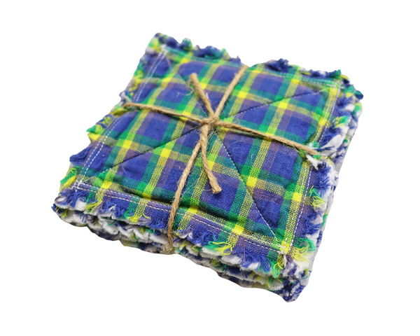 Blue & Green Plaid Homespun Rag Quilt Coaster Set