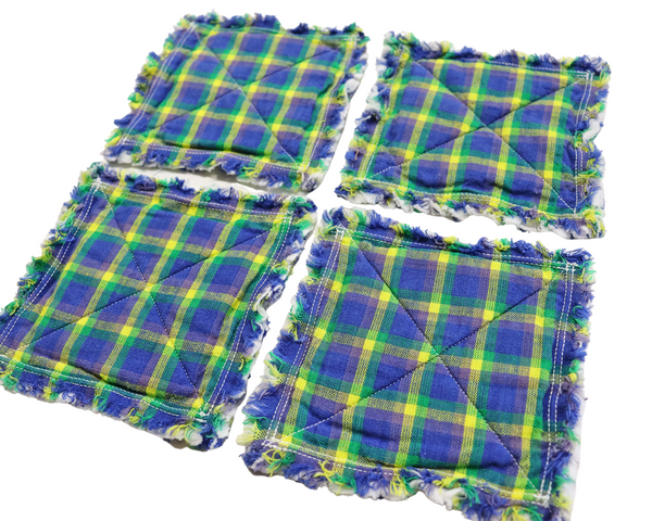 Blue & Green Plaid Homespun Rag Quilt Coaster Set