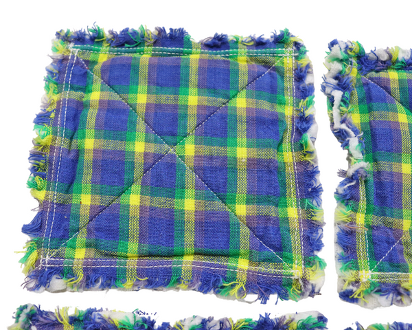 Blue & Green Plaid Homespun Rag Quilt Coaster Set