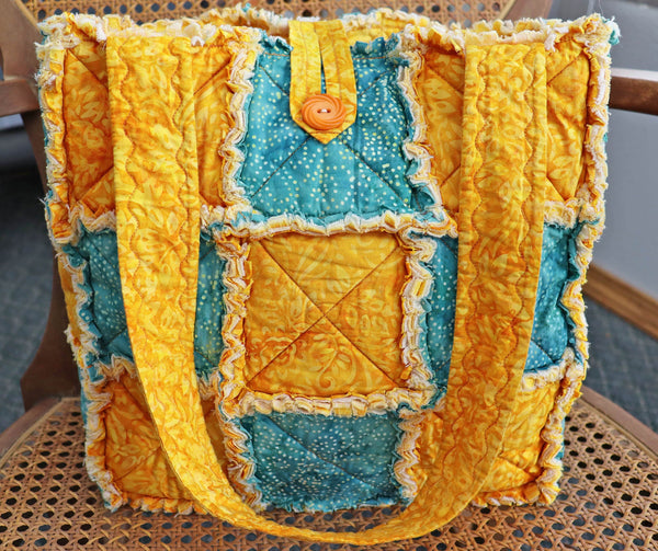 Mustard Yellow and Teal Batik Rag Tote, Fall Colors Tote, Rag Quilt Tote, Tote for Mom, Craft Tote, Tote Bag with Pockets, Rag Quilt Purse