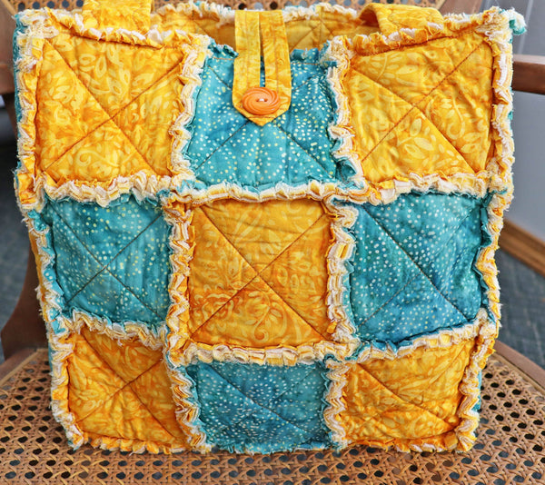 Mustard Yellow and Teal Batik Rag Tote, Fall Colors Tote, Rag Quilt Tote, Tote for Mom, Craft Tote, Tote Bag with Pockets, Rag Quilt Purse