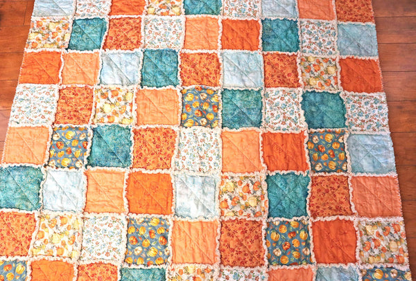 Pumpkin Lap Rag Quilt. Blue and Orange Autumn Decor. Autumn Throw. Fall Colors Quilt. Autumn Decor. Fall Quilts for Sale