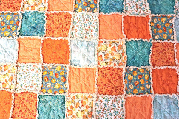 Pumpkin Lap Rag Quilt. Blue and Orange Autumn Decor. Autumn Throw. Fall Colors Quilt. Autumn Decor. Fall Quilts for Sale