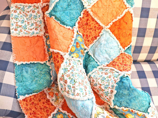 Pumpkin Lap Rag Quilt. Blue and Orange Autumn Decor. Autumn Throw. Fall Colors Quilt. Autumn Decor. Fall Quilts for Sale