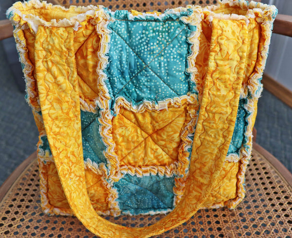 Mustard Yellow and Teal Batik Rag Tote, Fall Colors Tote, Rag Quilt Tote, Tote for Mom, Craft Tote, Tote Bag with Pockets, Rag Quilt Purse