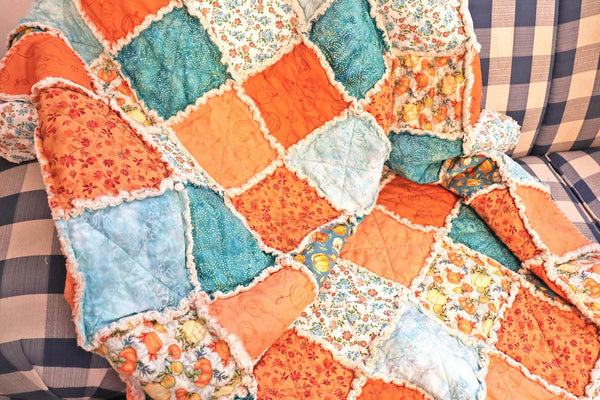 Pumpkin Lap Rag Quilt. Blue and Orange Autumn Decor. Autumn Throw. Fall Colors Quilt. Autumn Decor. Fall Quilts for Sale