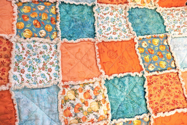 Pumpkin Lap Rag Quilt. Blue and Orange Autumn Decor. Autumn Throw. Fall Colors Quilt. Autumn Decor. Fall Quilts for Sale