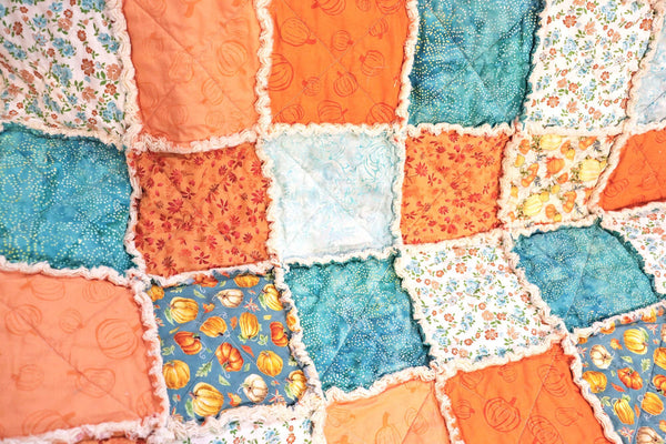 Pumpkin Lap Rag Quilt. Blue and Orange Autumn Decor. Autumn Throw. Fall Colors Quilt. Autumn Decor. Fall Quilts for Sale