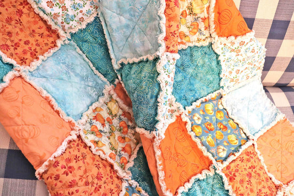 Pumpkin Lap Rag Quilt. Blue and Orange Autumn Decor. Autumn Throw. Fall Colors Quilt. Autumn Decor. Fall Quilts for Sale