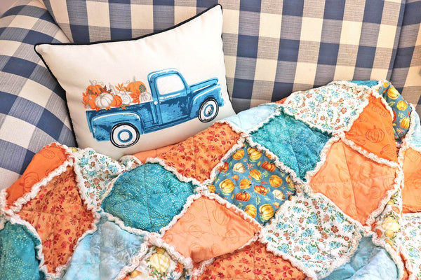 Pumpkin Lap Rag Quilt. Blue and Orange Autumn Decor. Autumn Throw. Fall Colors Quilt. Autumn Decor. Fall Quilts for Sale