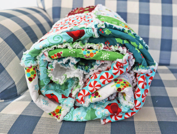 READY TO SHIP, Christmas Cardinal Rag Lap Quilt, Blue and Red Christmas Quilt, Christmas Decor, Holiday Rag Quilt, Christmas Quilt for Sale