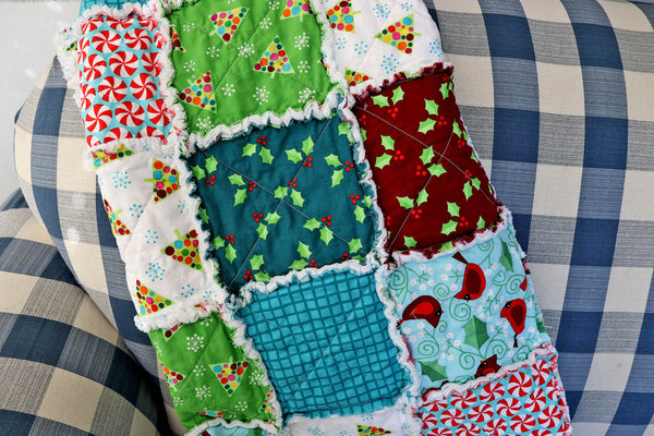 READY TO SHIP, Christmas Cardinal Rag Lap Quilt, Blue and Red Christmas Quilt, Christmas Decor, Holiday Rag Quilt, Christmas Quilt for Sale