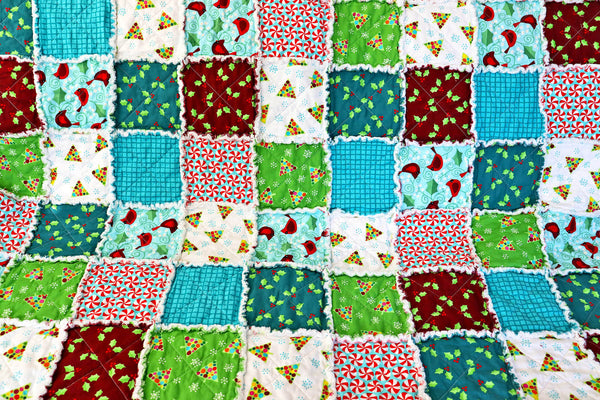 READY TO SHIP, Christmas Cardinal Rag Lap Quilt, Blue and Red Christmas Quilt, Christmas Decor, Holiday Rag Quilt, Christmas Quilt for Sale