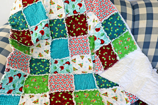 READY TO SHIP, Christmas Cardinal Rag Lap Quilt, Blue and Red Christmas Quilt, Christmas Decor, Holiday Rag Quilt, Christmas Quilt for Sale