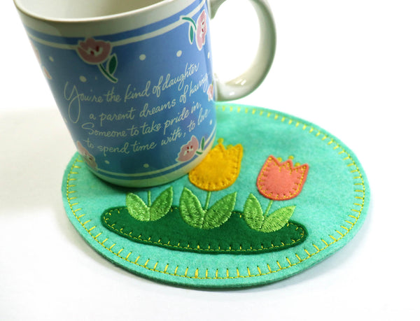 Embroidered Green Spring Coaster Wool Felt Tulip Mug Rug