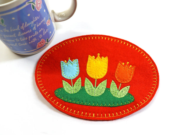 Embroidered Orange Wool Felt Tulip Mug Rug
