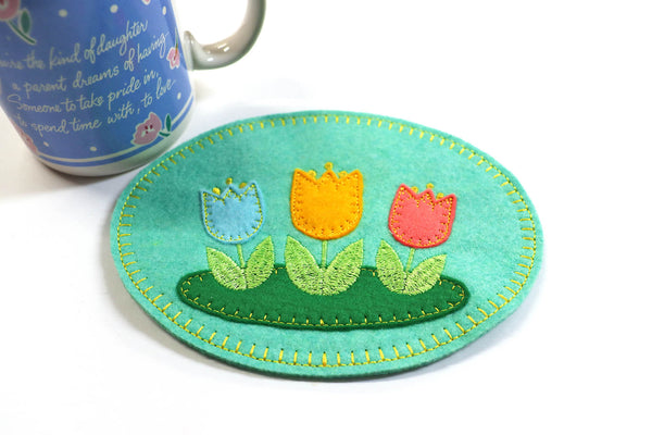 Embroidered Green Spring Coaster Wool Felt Tulip Mug Rug
