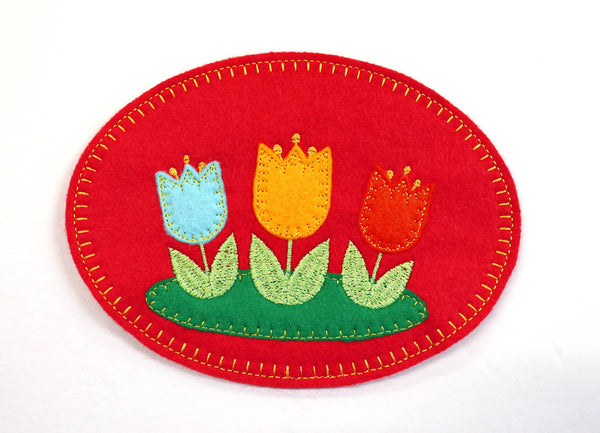 Embroidered Orange Wool Felt Tulip Mug Rug