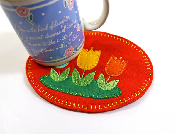Embroidered Orange Wool Felt Tulip Mug Rug