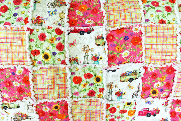 Floral Farm Truck Rag Quilt: Farmhouse Sunroom Decor
