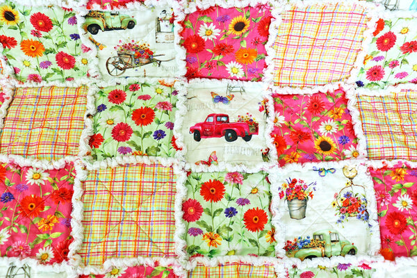 Floral Farm Truck Rag Quilt: Farmhouse Sunroom Decor