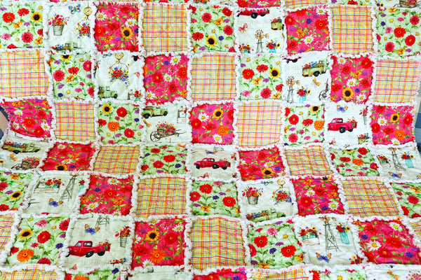 Floral Farm Truck Rag Quilt: Farmhouse Sunroom Decor