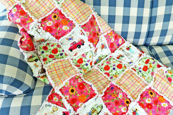 Floral Farm Truck Rag Quilt: Farmhouse Sunroom Decor