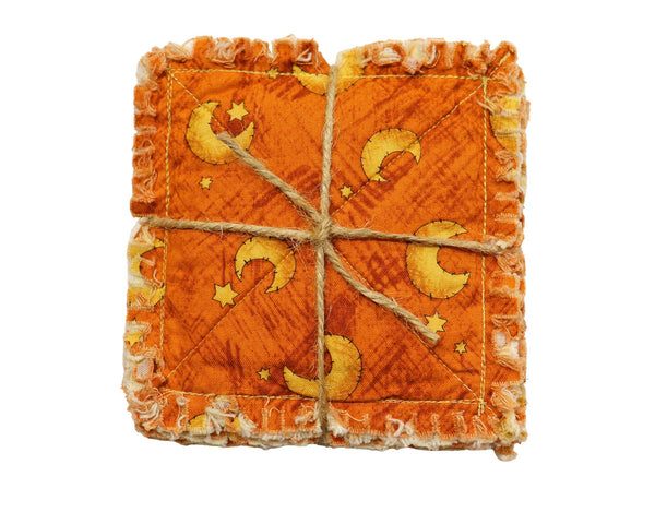 Moon and Stars Rag Quilt Coasters. Set of 4. Halloween Coasters. Candle Mat Add On. Autumn Living Room Decor.