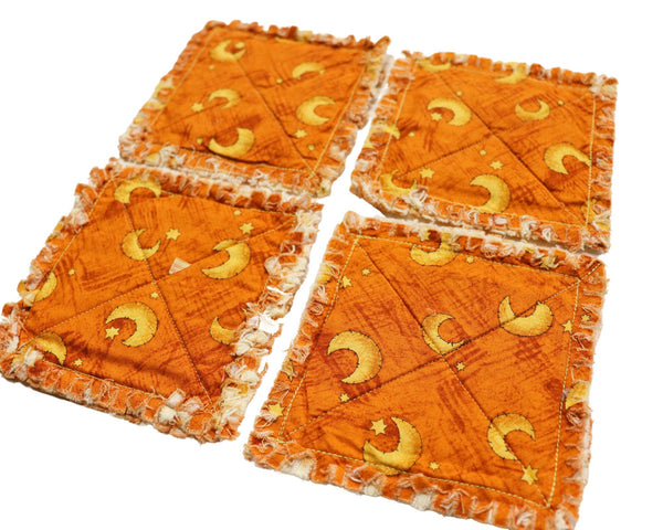 Moon and Stars Rag Quilt Coasters. Set of 4. Halloween Coasters. Candle Mat Add On. Autumn Living Room Decor.