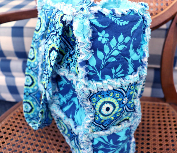 Cyan Blue and Green Floral Rag Tote. Rag Quilt Tote. Flower Bag. Gift for Mom. Craft Tote. Gift for Her. Tote Bag with Pockets.
