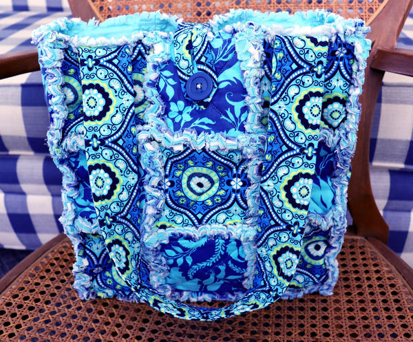 Cyan Blue and Green Floral Rag Tote. Rag Quilt Tote. Flower Bag. Gift for Mom. Craft Tote. Gift for Her. Tote Bag with Pockets.