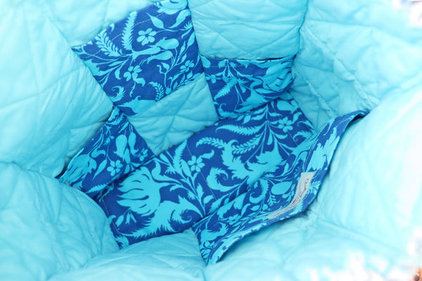 Cyan Blue and Green Floral Rag Tote. Rag Quilt Tote. Flower Bag. Gift for Mom. Craft Tote. Gift for Her. Tote Bag with Pockets.