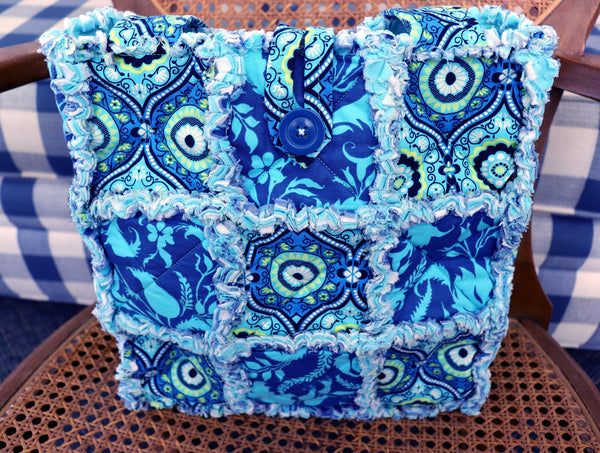 Cyan Blue and Green Floral Rag Tote. Rag Quilt Tote. Flower Bag. Gift for Mom. Craft Tote. Gift for Her. Tote Bag with Pockets.