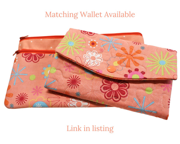 Melon Pink Zipper Bag. Floral Cosmetic Bag for Her. Zipper Purse with Front Pocket. Gift for Mom.