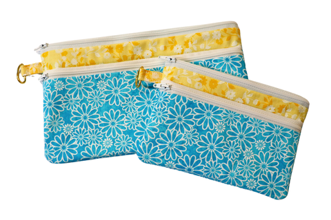 Blue and Yellow Daisy Double Zipper Pouch: Small or Large Bag