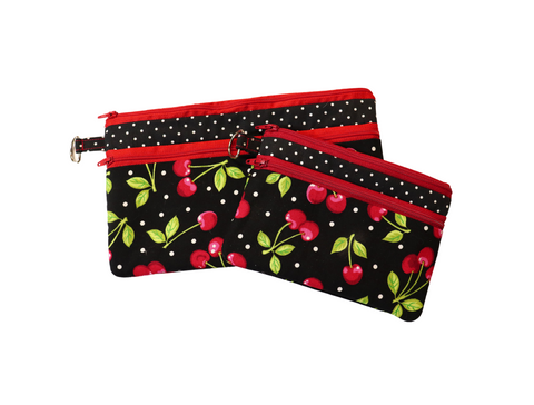 Cherries and Polka Dots Double Zipper Pouch: Small or Large Bag