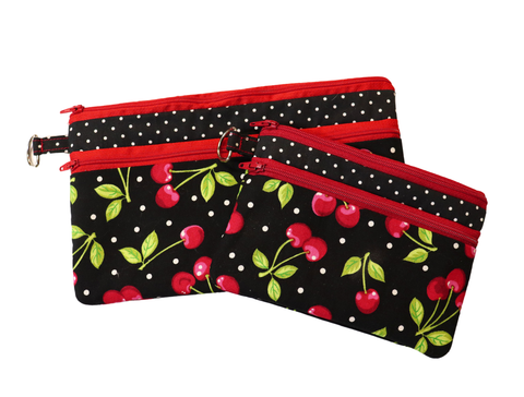 Cherries and Polka Dots Double Zipper Pouch: Small or Large Bag