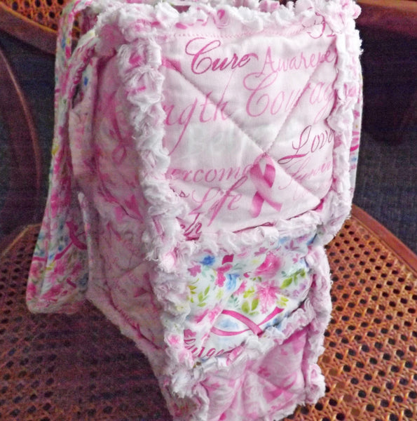 Pink Ribbon Rag Tote. Breast Cancer Awareness. Rag Quilt Tote. Gift for Breast Cancer Survivor. Tote Bag with Pockets